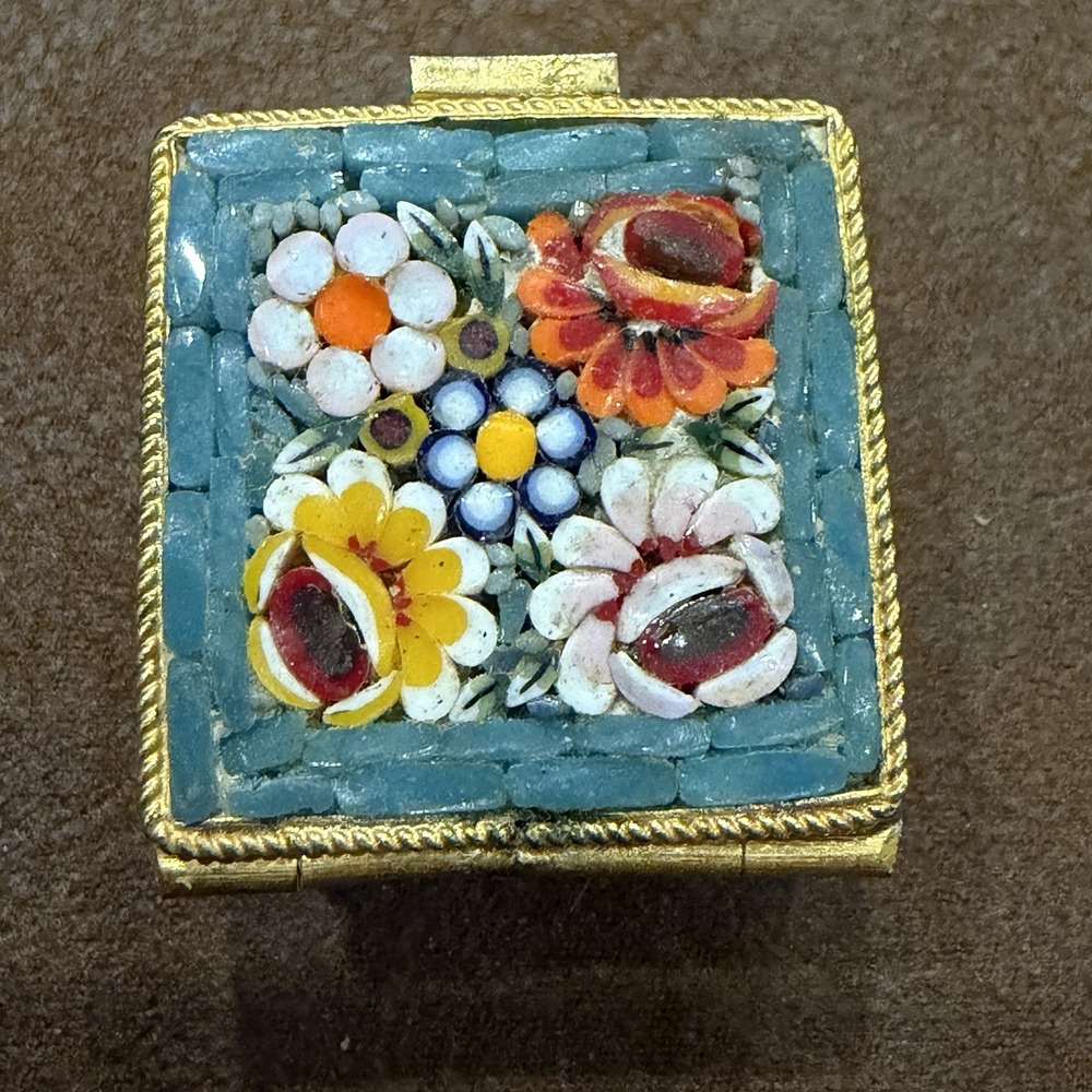 Vintage Italian Micro Mosaic Floral Trinket Pill Box Gold Tone Brass Italy